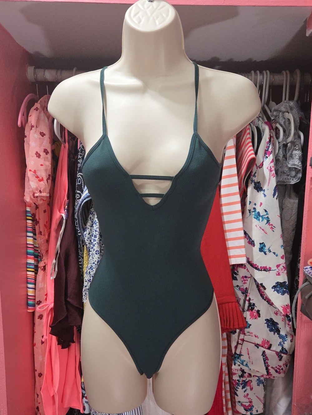 Free People Emerald Green Strappy V-Neck Bodysuit